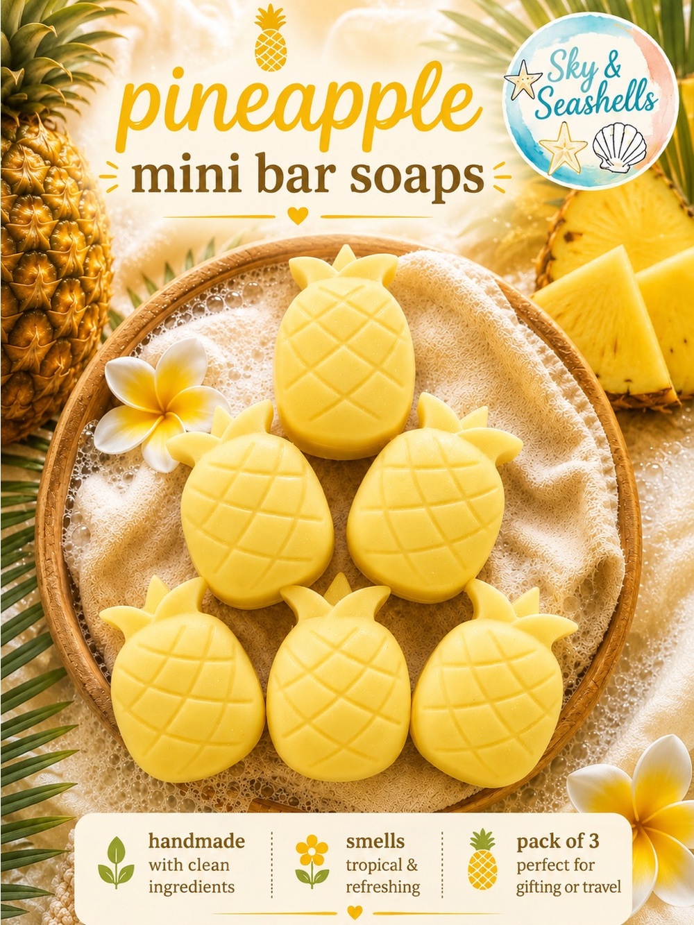 NEW Hand Crafted “Pineapple” Mini Bar Soaps With Clean Ingredients (Pack of 3)